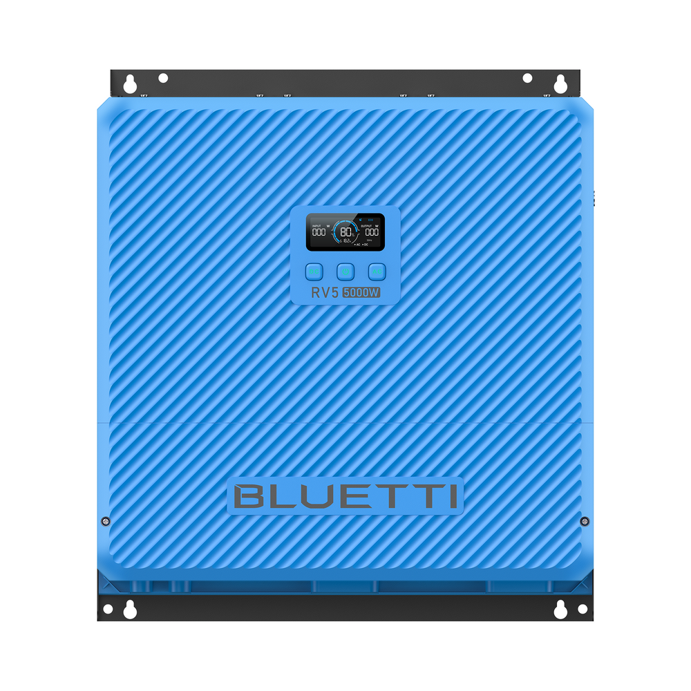 Front view of blue BLUETTI RV5 5000W power station showing 80% battery on digital display.