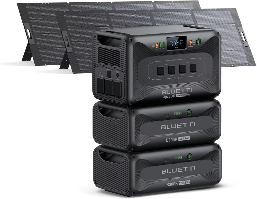 BLUETTI Apex 300 power station stacked with B300K batteries and foldable solar panels.
