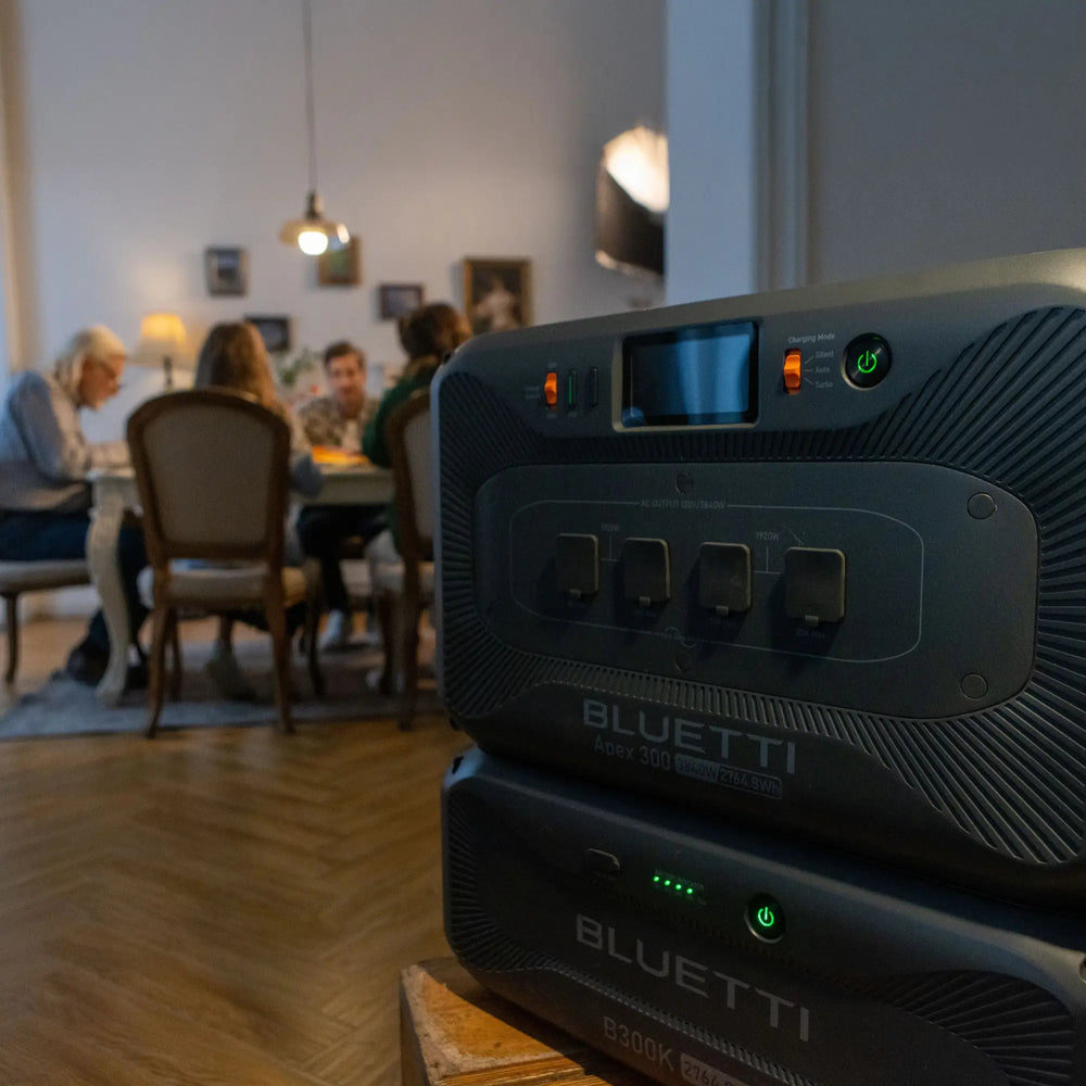 BLUETTI Apex 300 power station (3840W AC out) with charging mode display, stacked with B300K module.