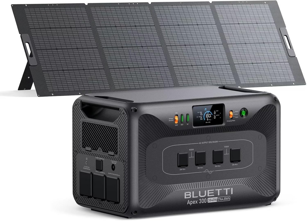 BLUETTI Apex 300 portable power station for clean energy, 3840W, with foldable solar panel.