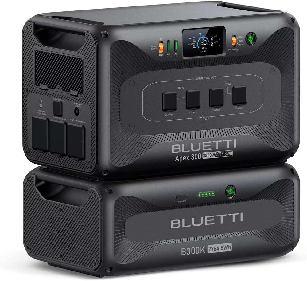 BLUETTI Apex 300 (3840W) and B300K (2764.8Wh) portable power stations stacked, with AC outlets & digital display.