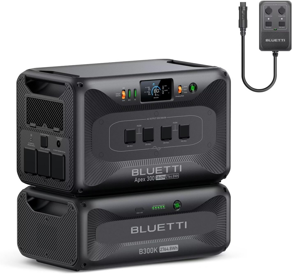 BLUETTI Apex 300 power station stacked on B300K battery module with charger.