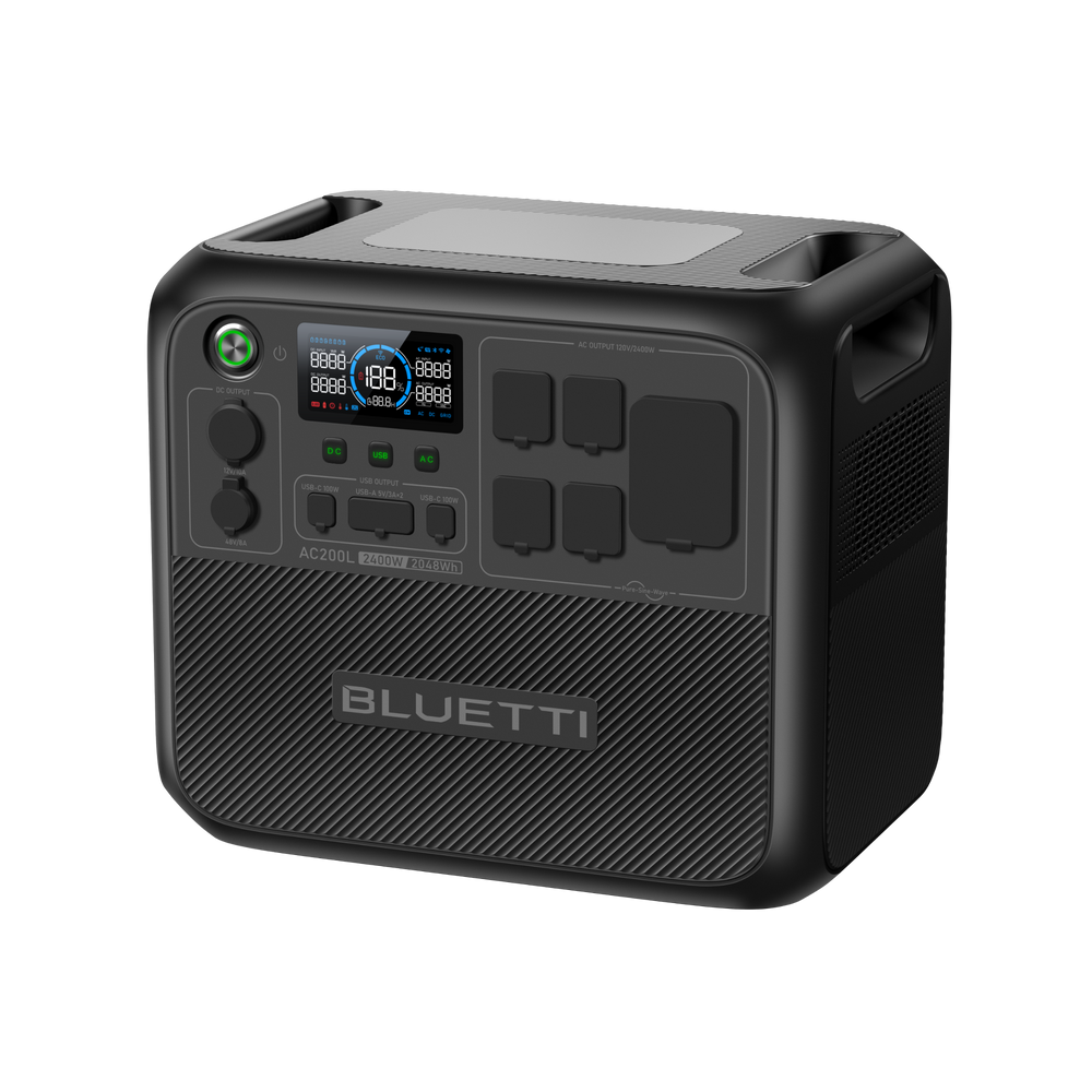 BLUETTI AC200L 2400W 2048Wh portable power station with AC, DC, USB outlets.