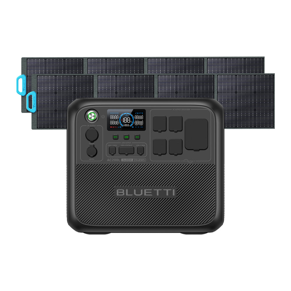 BLUETTI AC200L 2400W 2048Wh power station with PV200 solar panels.