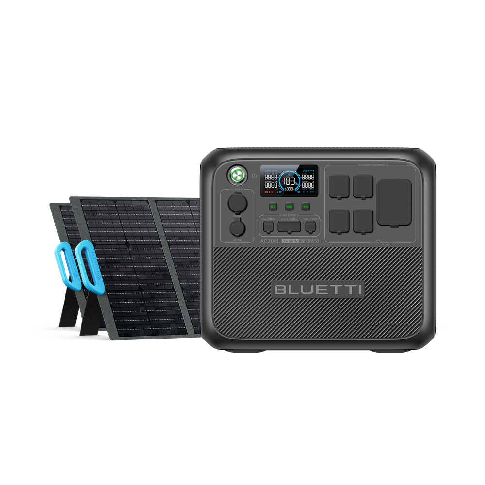 BLUETTI AC200L 2400W 2048Wh power station with PV120 solar panels & blue handles.
