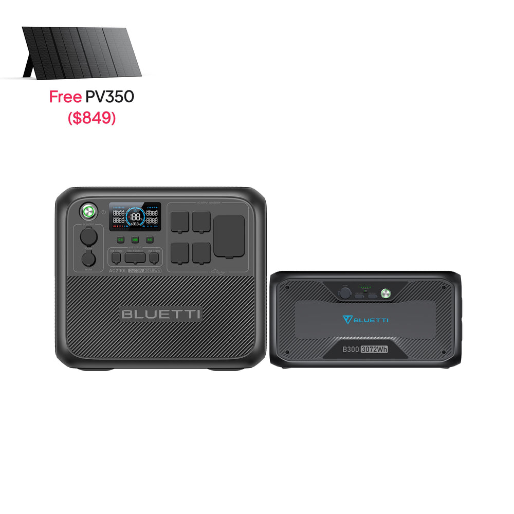 BLUETTI AC200L power station, B300 battery pack, PV350 solar panel bundle.