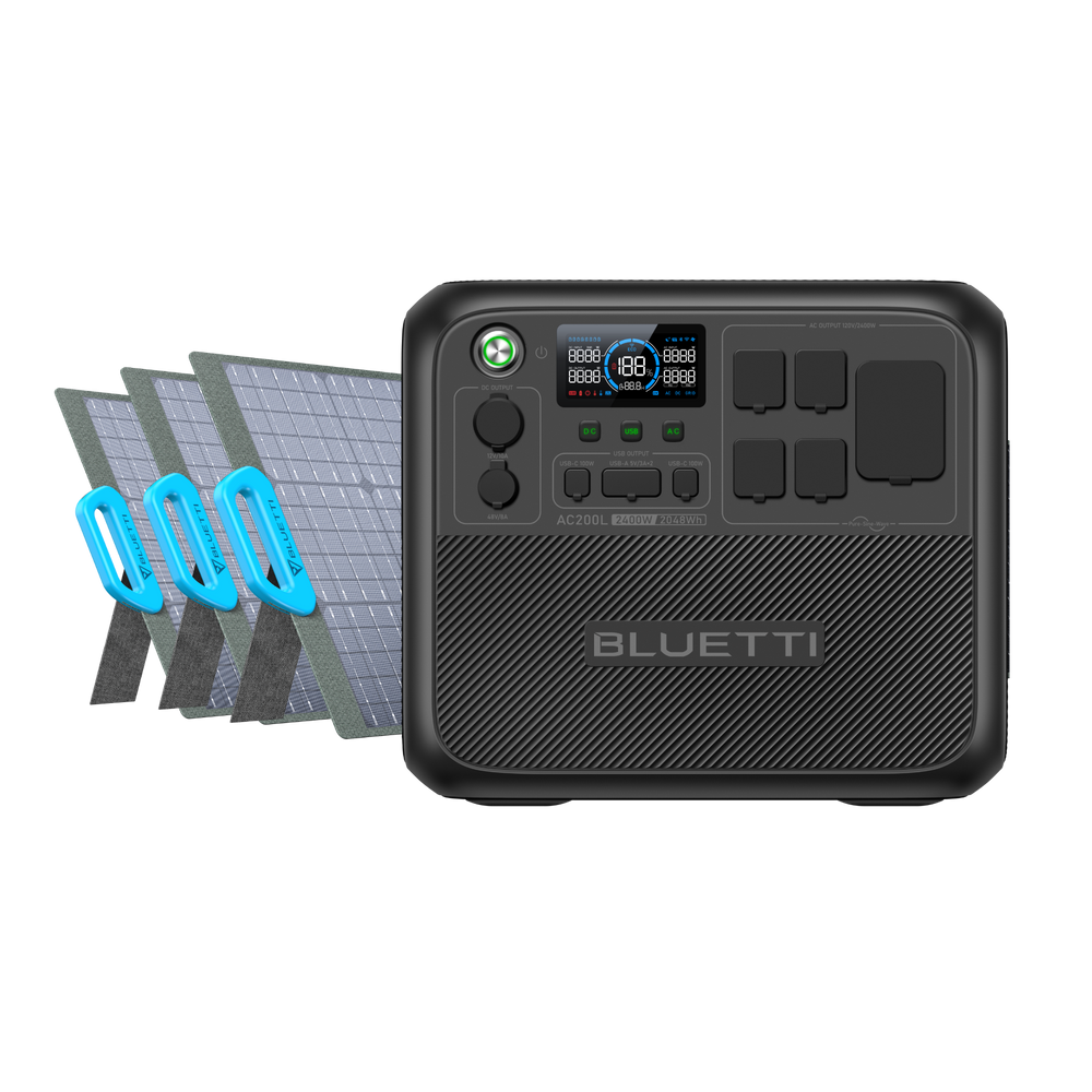 BLUETTI AC200L power station with three BLUETTI PV200 solar panels for clean energy.
