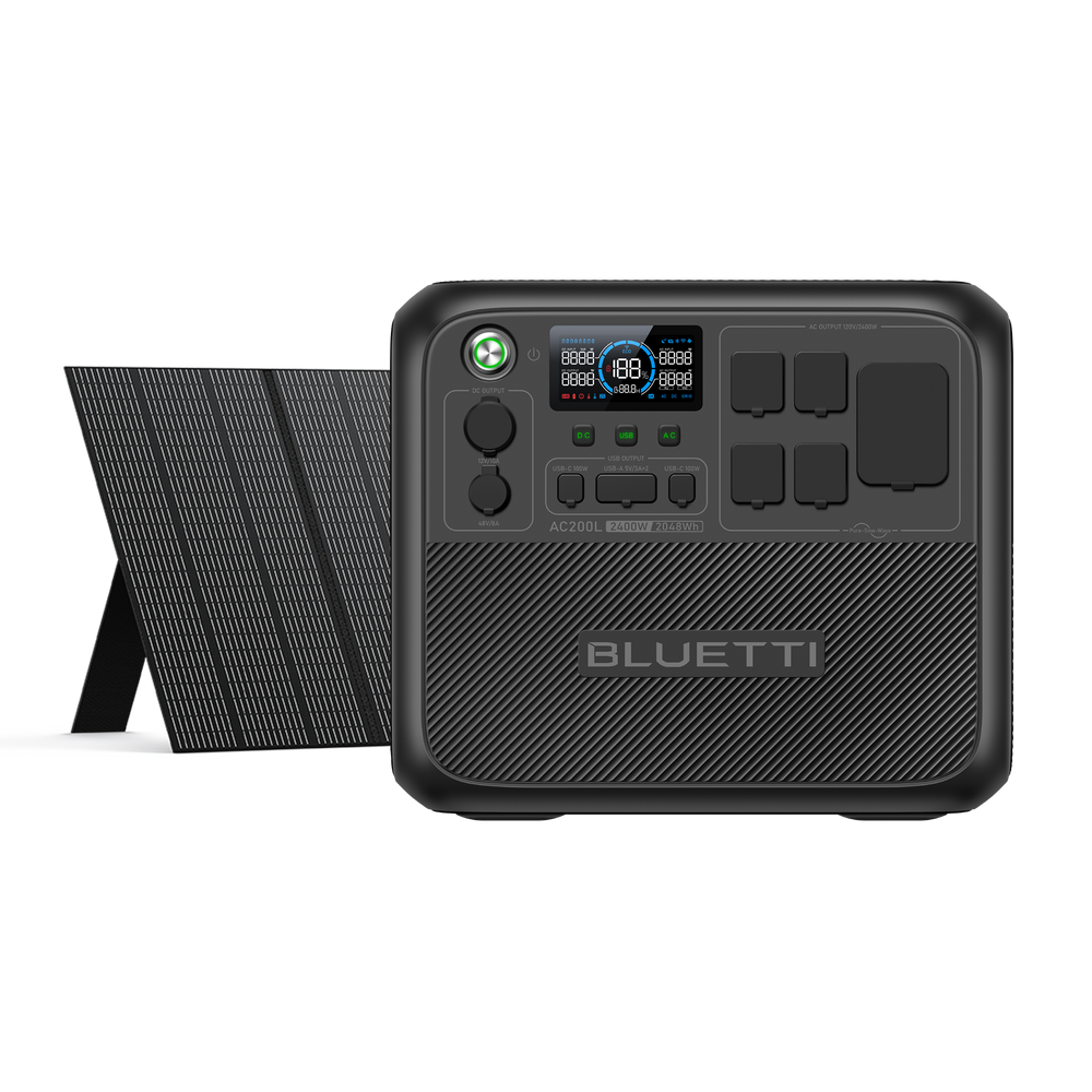 BLUETTI AC200L 2400W 2048Wh power station with PV350 solar panel for clean energy.
