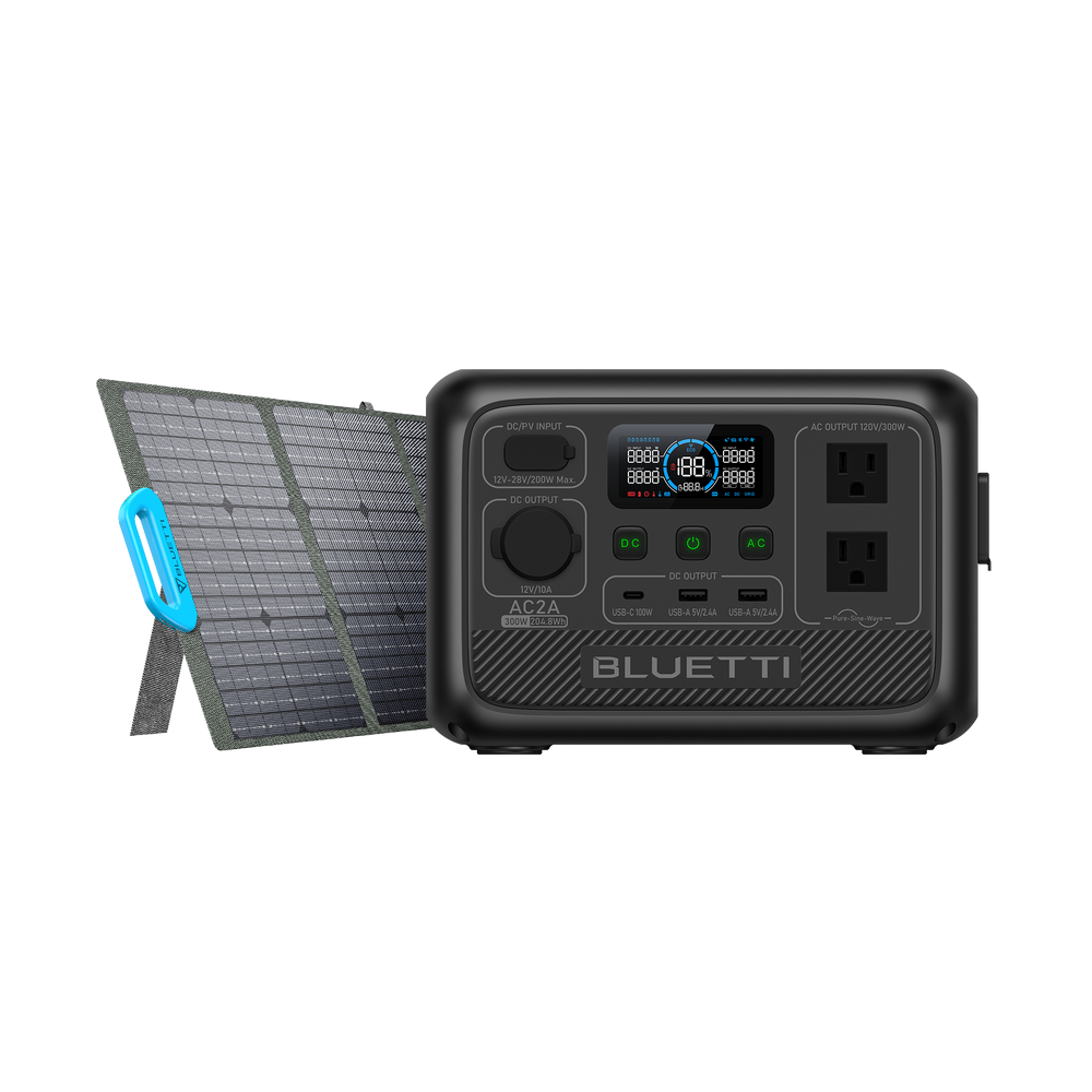 BLUETTI AC2A power station and PV120 solar panel for portable clean energy solutions.