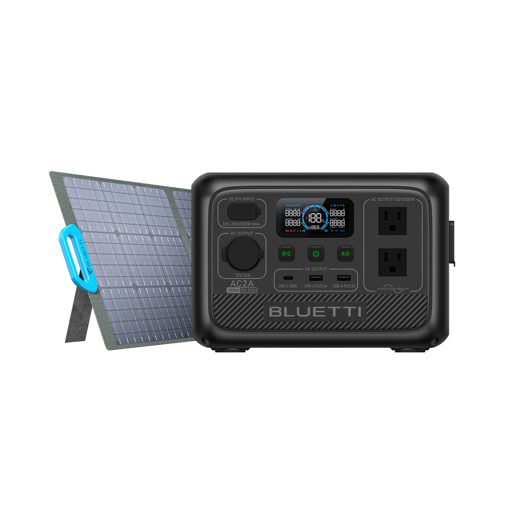 BLUETTI AC2A portable power station with PV200 solar panel for clean energy.