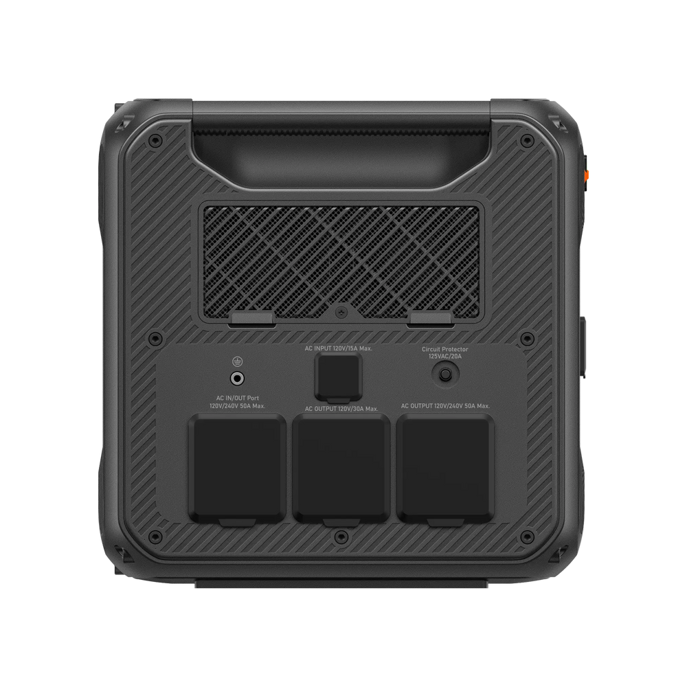 BLUETTI Apex 300 rear panel with AC input 15A, AC output 30A/50A, and 50A in/out ports.