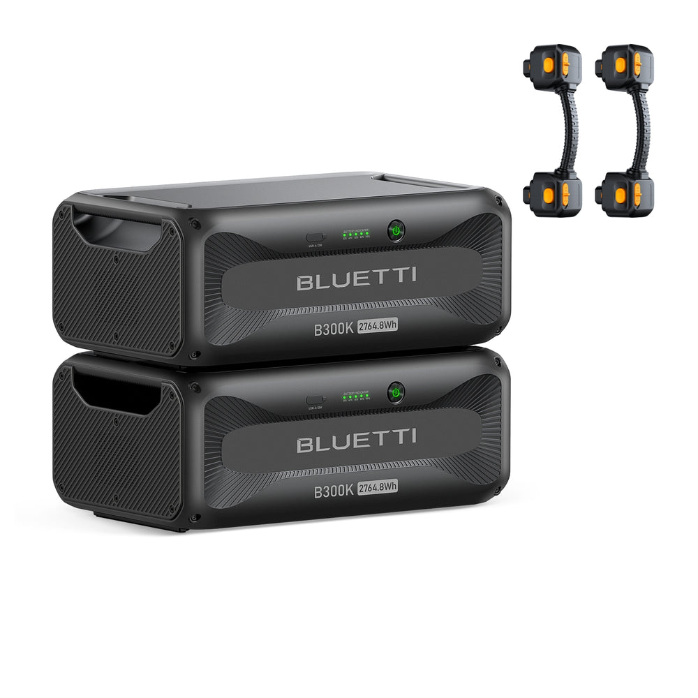 Two stacked BLUETTI B300K portable expansion batteries with connectors