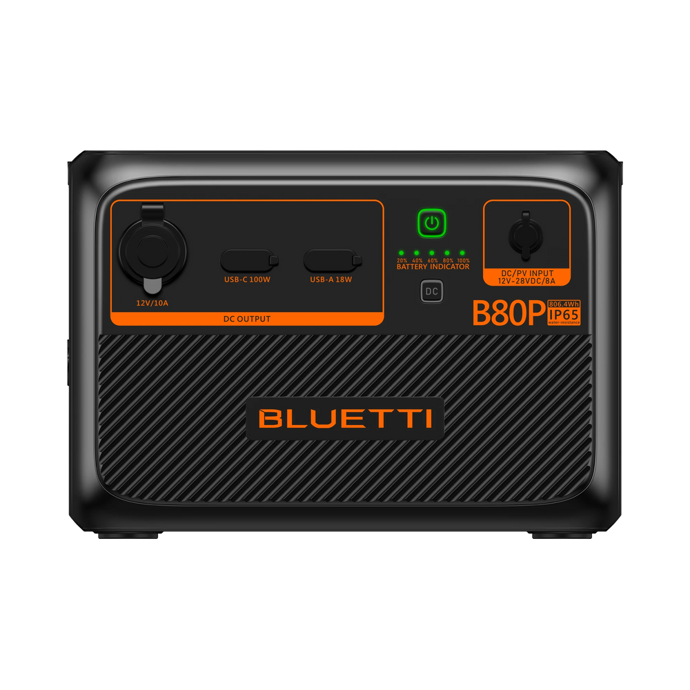 BLUETTI B80P 806Wh expansion battery with 100W USB-C, USB-A, 12V DC output and IP65 rating.