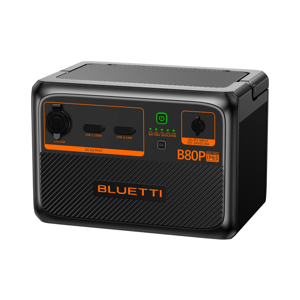 BLUETTI B80P 806Wh expansion battery with USB-C 100W, USB-A 18W, 12V/10A DC output, and IP65 rating.