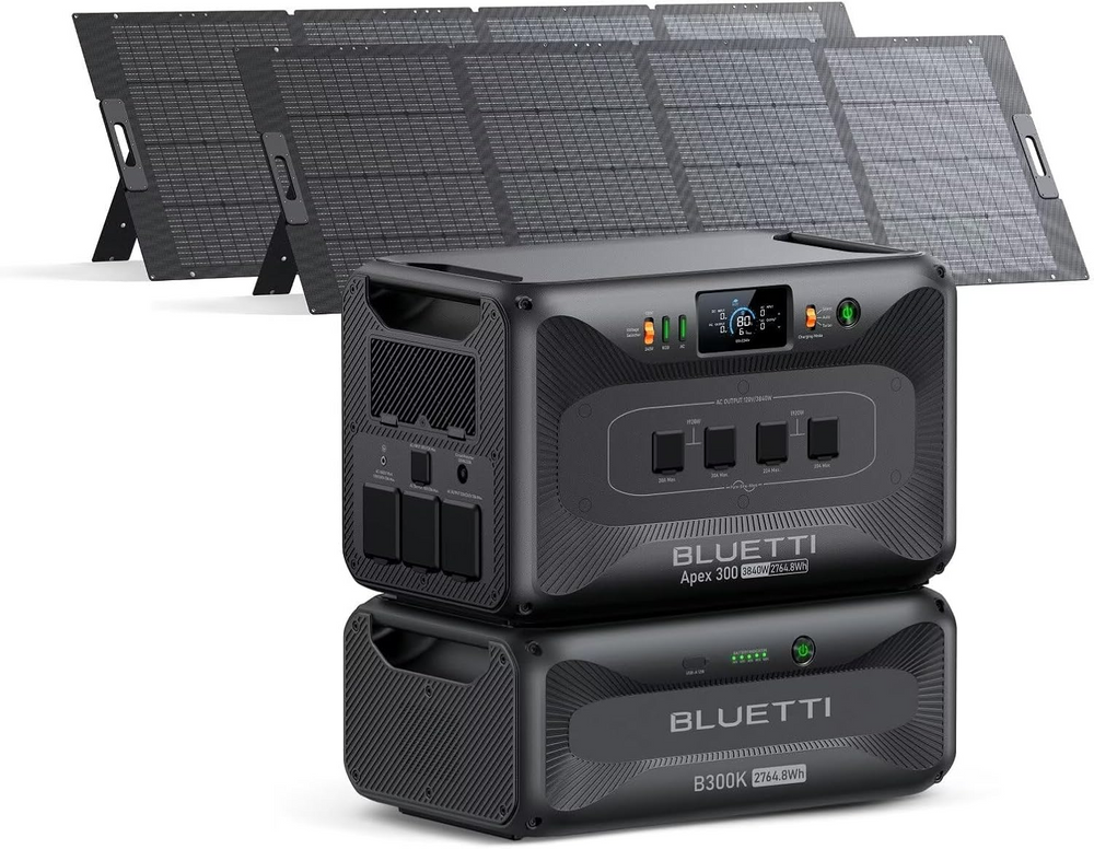 BLUETTI Apex 300 (2764.8Wh) power station and B300K battery with two unfolded solar panels.