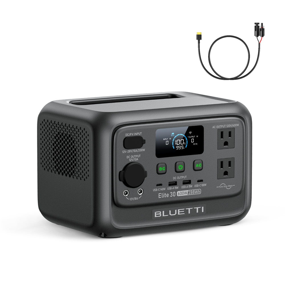 BLUETTI Elite 30 V2 portable power station: 600W, 288Wh, AC, 140W USB-C, DC ports.