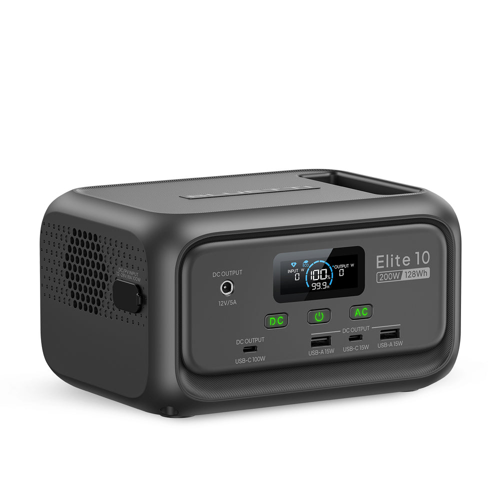 BLUETTI Elite 10 Portable Power Station (200W, 128Wh) with LCD display and output ports.