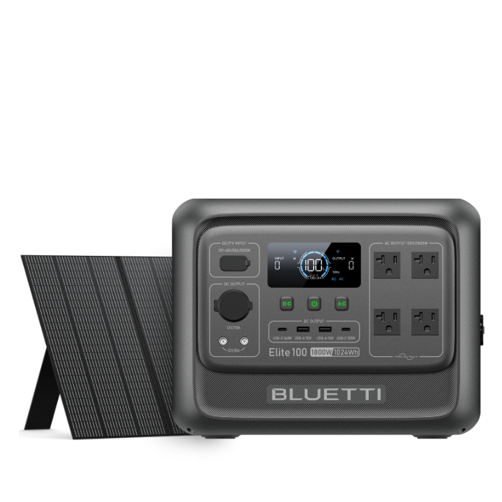 BLUETTI Elite 100 V2 dark gray portable power station, 1800W 1024Wh, with solar panel.
