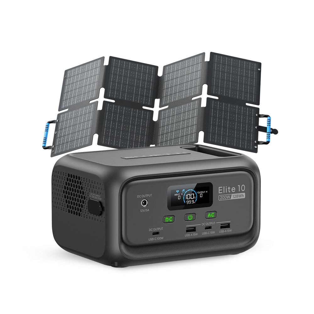 BLUETTI Elite 10 portable power station (200W 128Wh) with foldable solar panels.