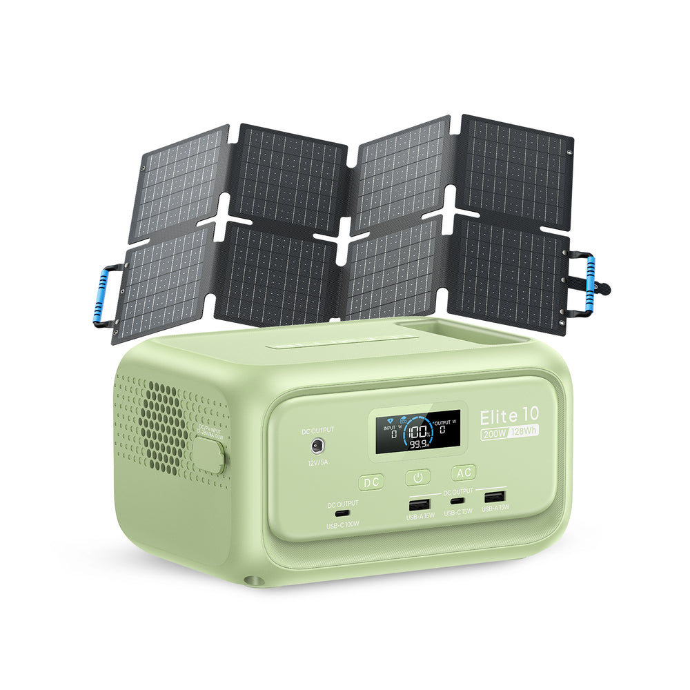 Light green BLUETTI Elite 10 portable power station with 200W 128Wh capacity and folded solar panels.