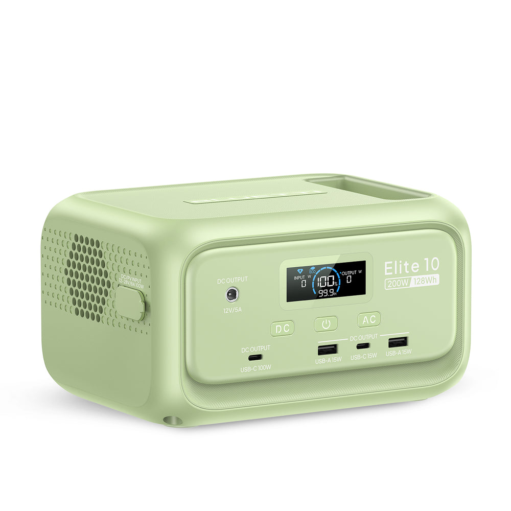 Light green BLUETTI Elite 10 portable power station, 128Wh capacity with multiple output ports for charging devices.