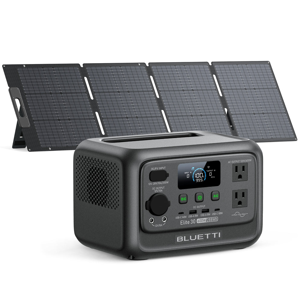 BLUETTI Elite 30 V2 portable power station with 200W foldable solar panels, 600W AC output, 288Wh.