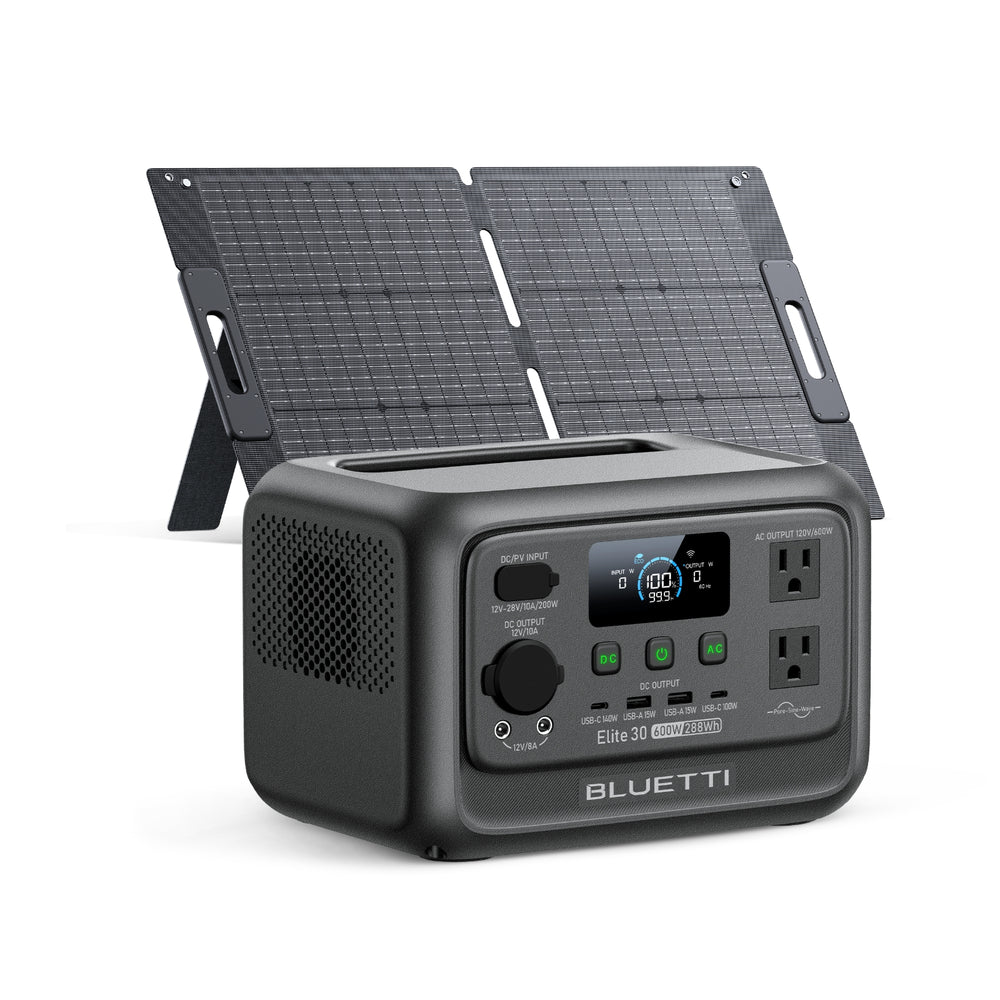 Black BLUETTI Elite 30 V2 600W 288Wh power station with solar panel