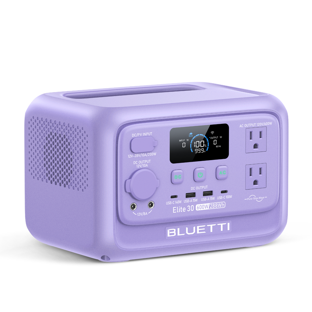 BLUETTI Elite 30 V2 portable power station in lavender, 600W AC, 288Wh, 140W USB-C.