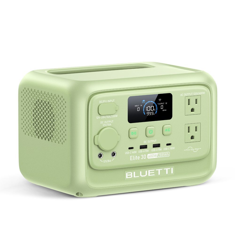 BLUETTI Elite portable power station, light green, digital display, AC and USB outlets.