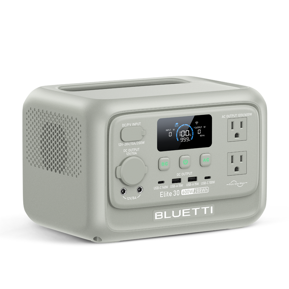 BLUETTI Elite 30 V2 portable power station, 600W 288Wh, 100% charge shown.