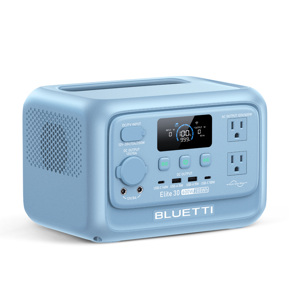 BLUETTI Elite 30 V2 portable power station, 600W output, 288Wh capacity, multiple ports.