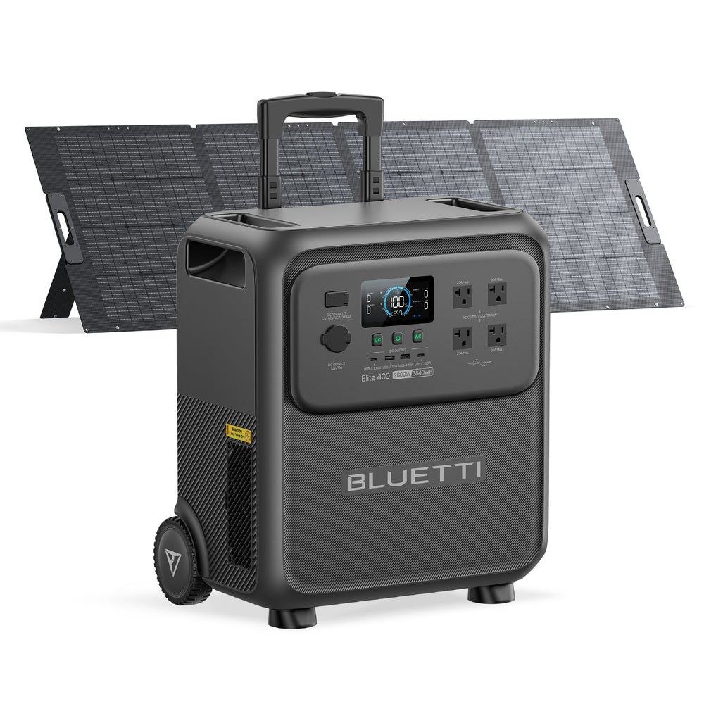 BLUETTI Elite 400 portable power station with foldable solar panels, 2600W, 3840Wh.