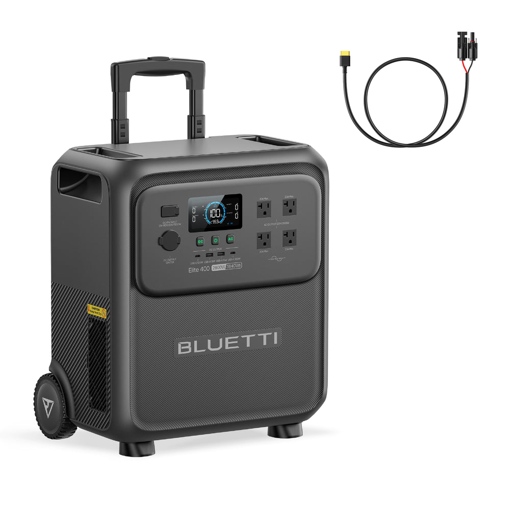 BLUETTI Elite 400 portable power station: 2600W, 3840Wh, black, with wheels and charging cable.