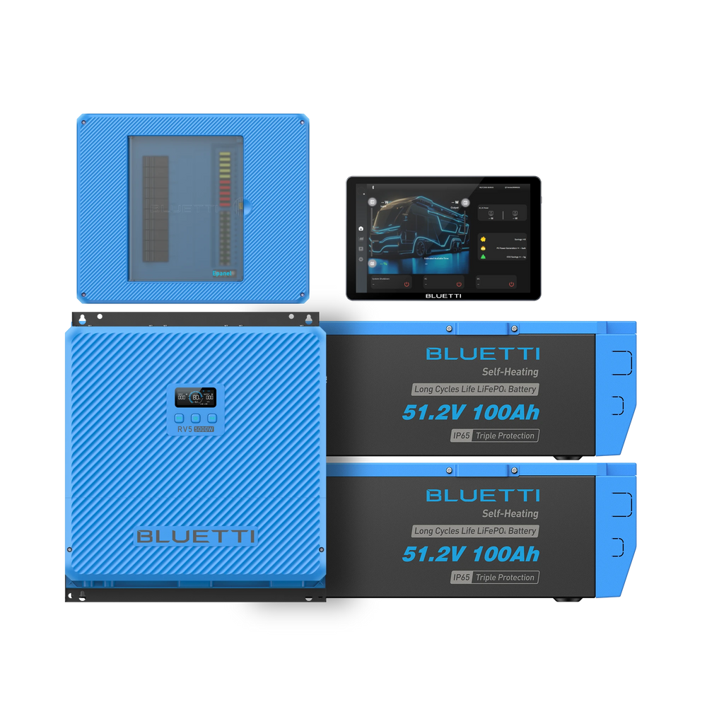BLUETTI clean energy system: RV5 5000W inverter, two 51.2V 100Ah LiFePO4 batteries, Epanel.