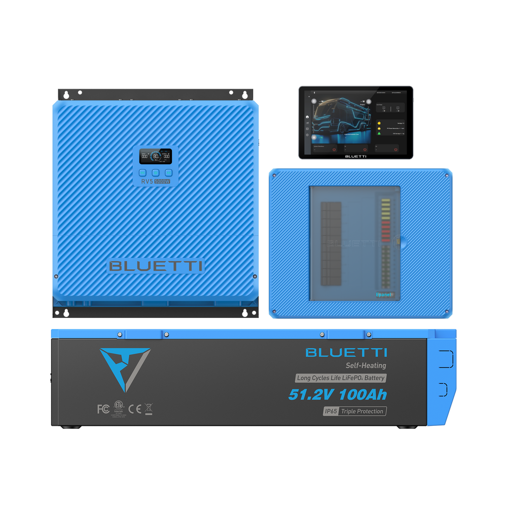 BLUETTI RV power system: 5000W inverter, 51.2V 100Ah LiFePO4 battery, and app control.