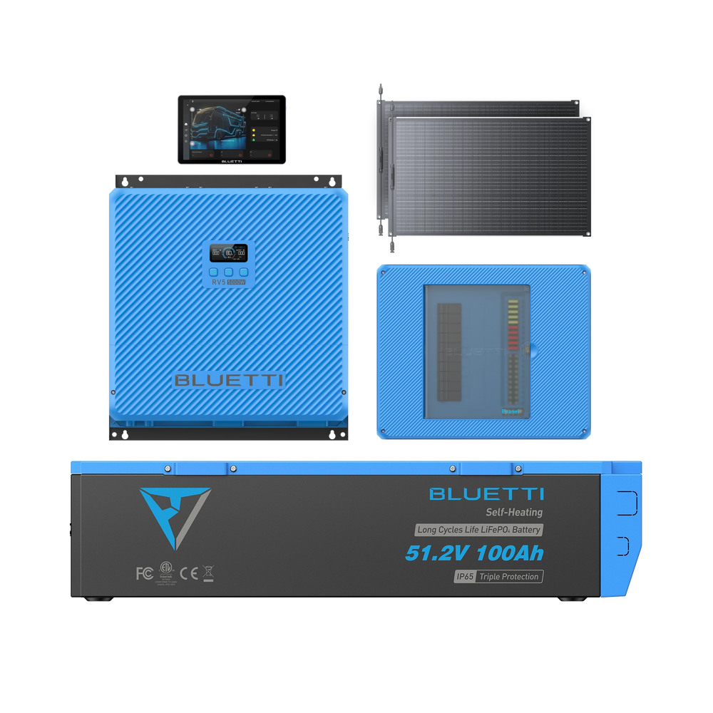 BLUETTI RV power system: RV5 inverter, 51.2V 100Ah LiFePO4 battery, solar panels.