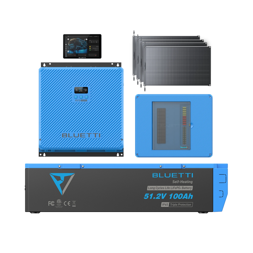 BLUETTI solar energy storage system with RV5 inverter, 100Ah LiFePO4 battery, and solar panels.