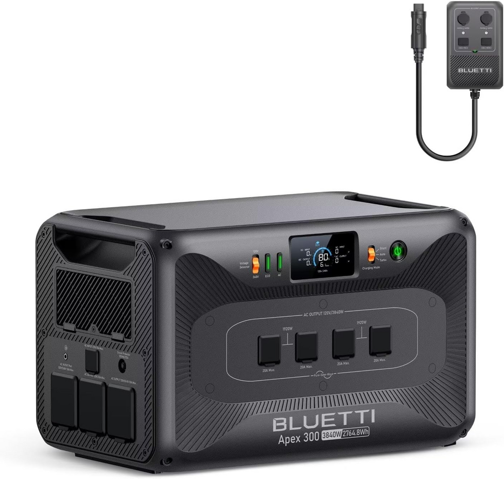 BLUETTI Apex 300 portable power station: 3840W, 2764.8Wh, clean energy storage.