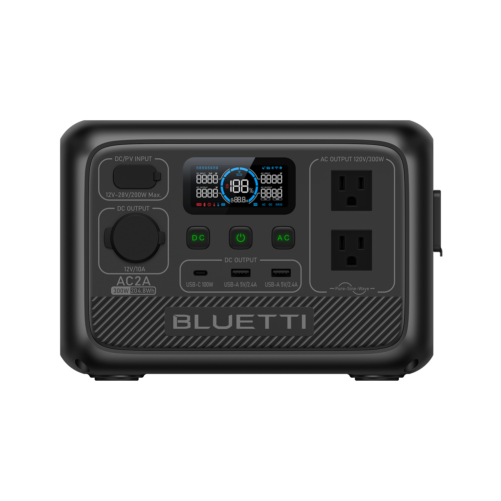 BLUETTI AC2A portable solar generator: 300W AC, USB-C, DC outputs, 204.8Wh.
