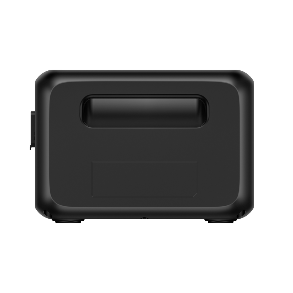 BLUETTI black portable power station with integrated handle, top view.
