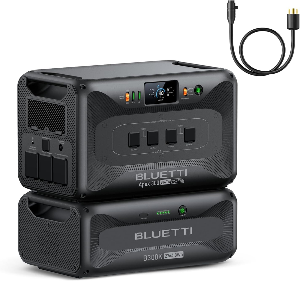 BLUETTI Apex 300 & B300K clean energy power stations stacked with cable.
