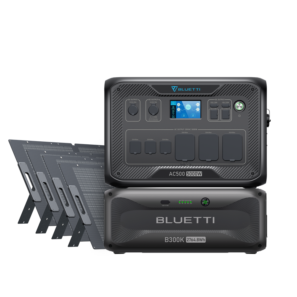 BLUETTI AC500+B300K portable power station bundle with 4x 200W solar panels.