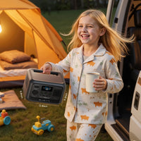 BLUETTI Elite 30 V2 600W portable power station, held by girl in camping scene