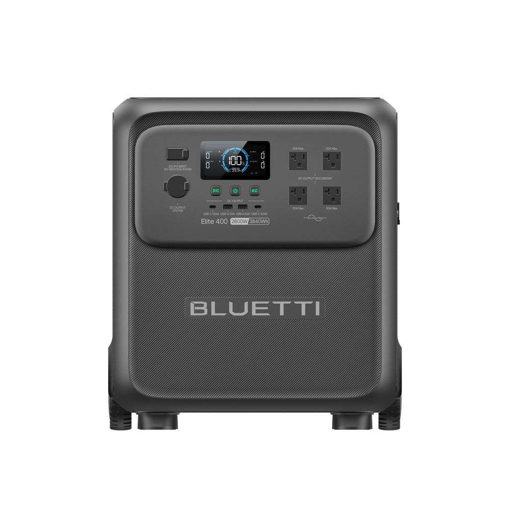 BLUETTI Elite 400 portable power station, 3840Wh, 2600W pure sine wave AC, 100W USB-C, PV input.