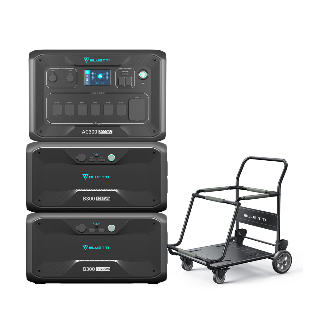 BLUETTI AC300 power station with two B300 battery modules and trolley for home backup.