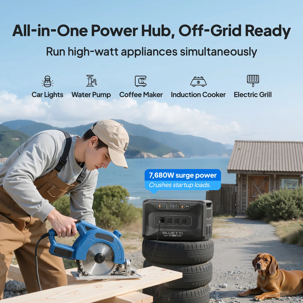 BLUETTI Apex 300 off-grid power hub running high-watt appliances with 7,680W surge power.