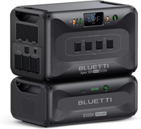 BLUETTI Apex 300 (3840W) and B300K (2764.8Wh) portable power stations stacked, with AC outlets & digital display.
