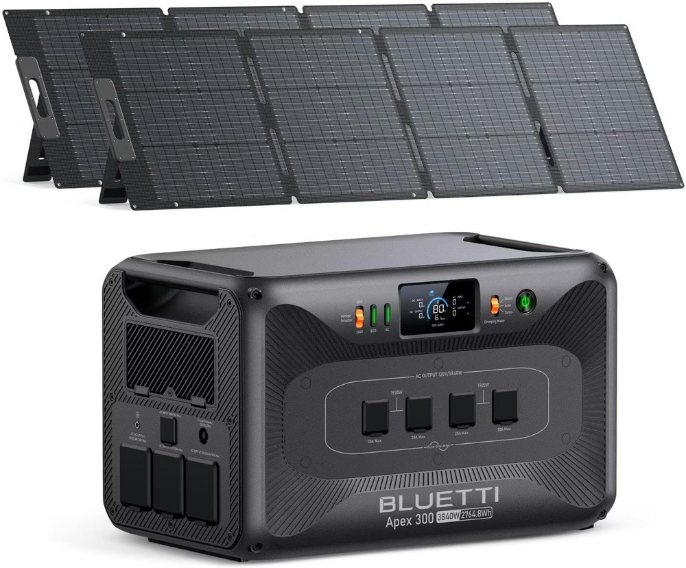 BLUETTI Apex 300 portable power station, 2764.8Wh, paired with three dark foldable solar panels.
