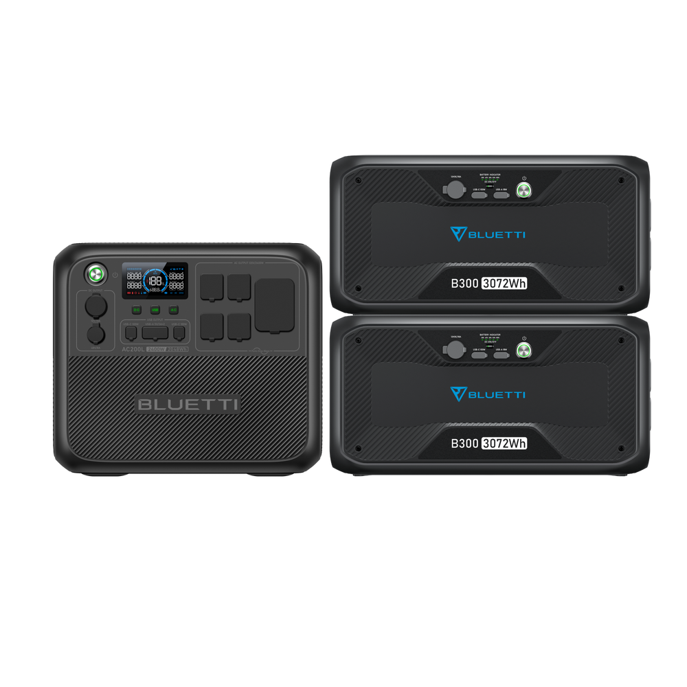 BLUETTI AC200L 2400W 2048Wh power station with two B300 3072Wh battery modules