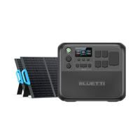 BLUETTI AC200L 2400W 2048Wh power station with PV120 solar panels & blue handles.
